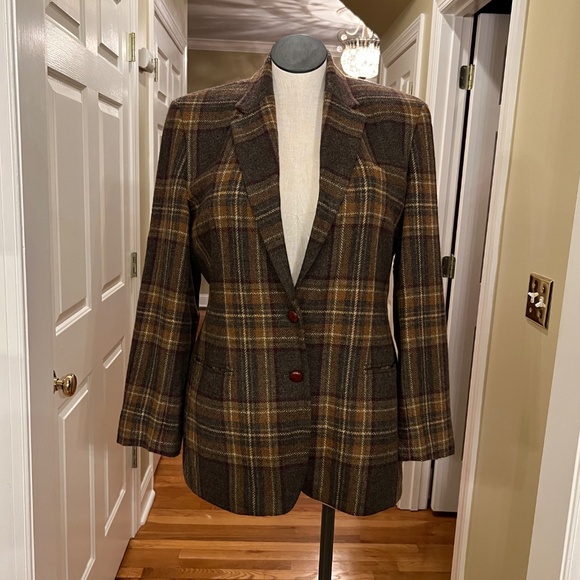 EUC Women's Lauren Ralph Lauren Brown Plaid Wool Blazer Elbow Patches Size 16 - Picture 4 of 8